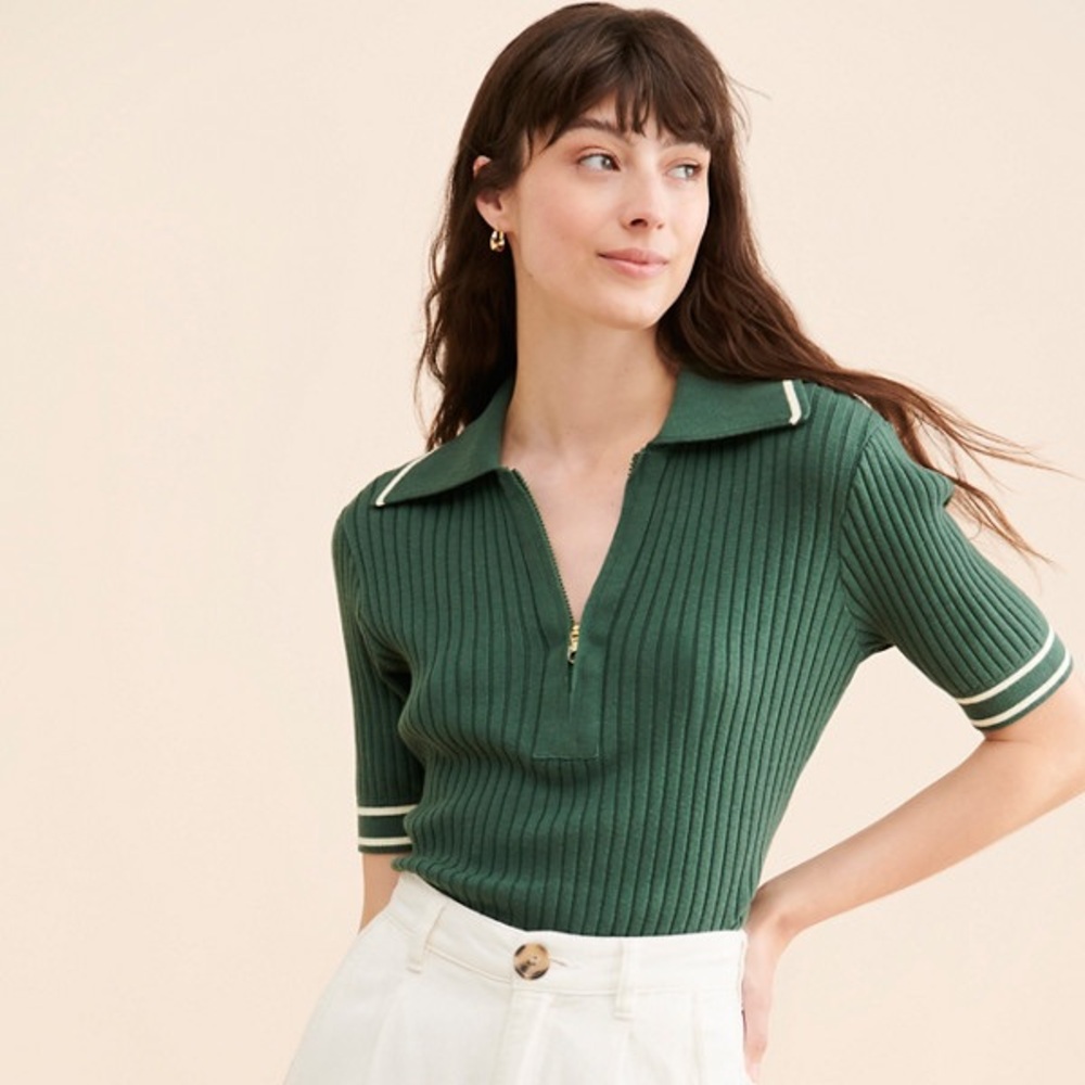 Varley Green Ribbed Polo Top Size Medium